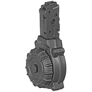 Close-up of Glock 42 32-round drum magazine for enhanced firearm capacity.